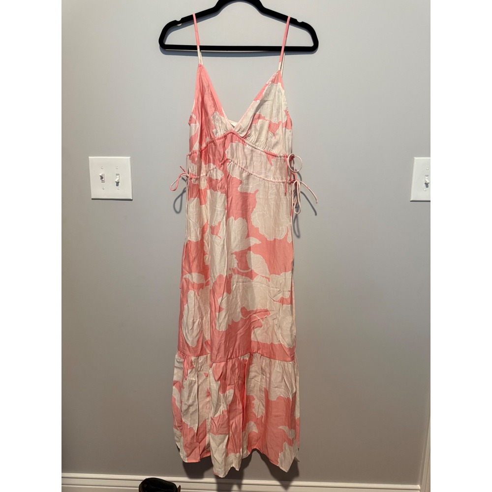 HM Pink Cream Floral Maxi Dress Small V-Neck Side Tie Tiered Ruffle Summer Boho